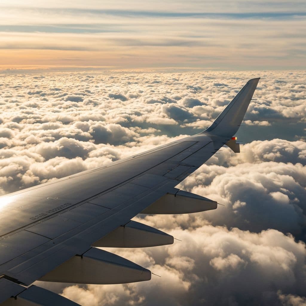 Airplane wing over clouds during golden hour