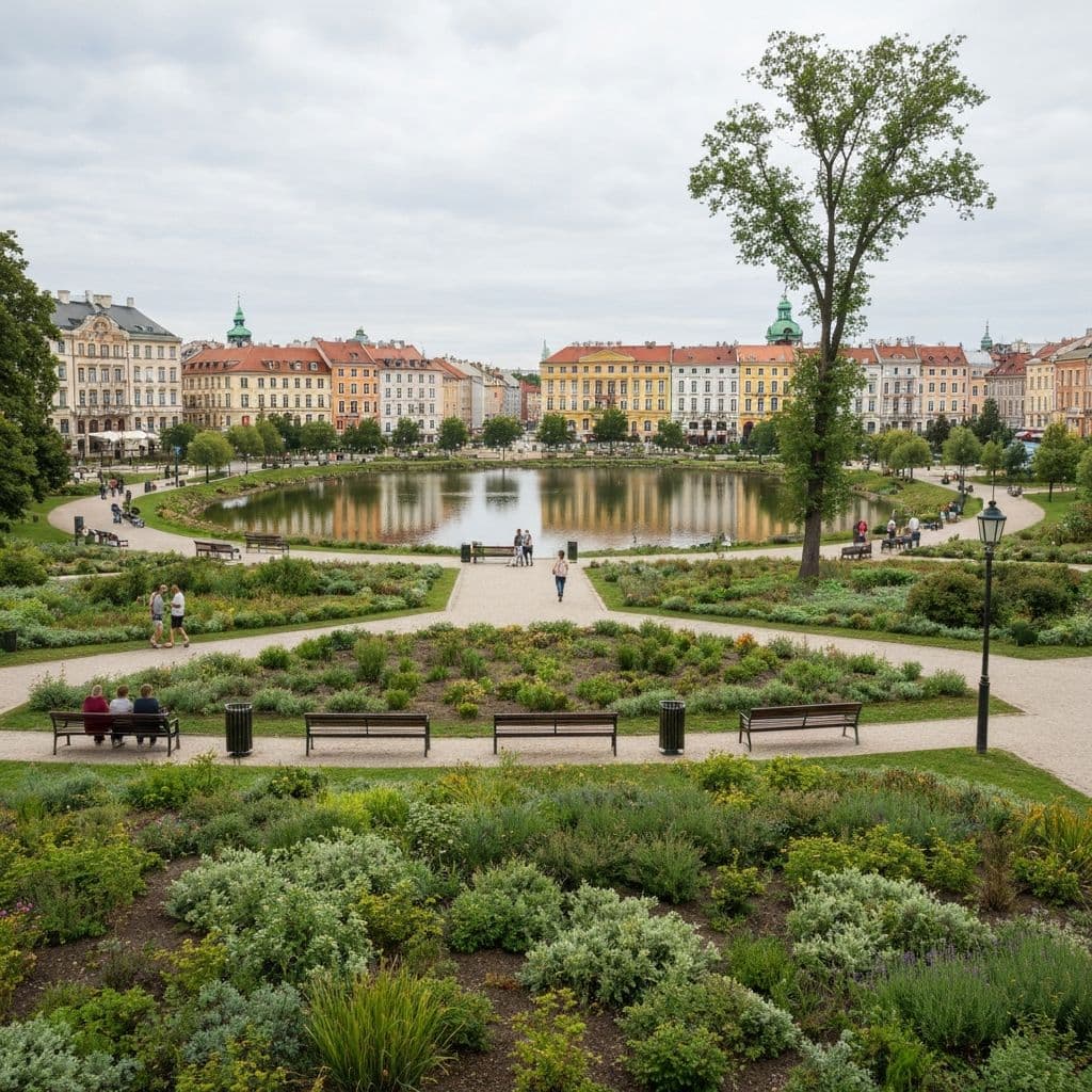 Beautiful European city park with people relaxing