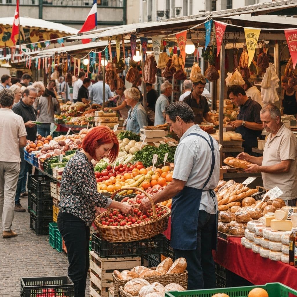 European outdoor food market with fresh produce