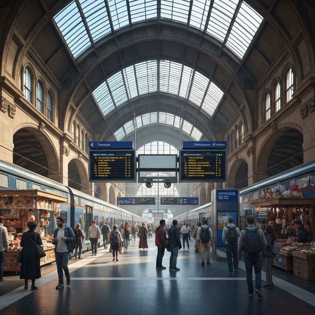European train station with departure boards